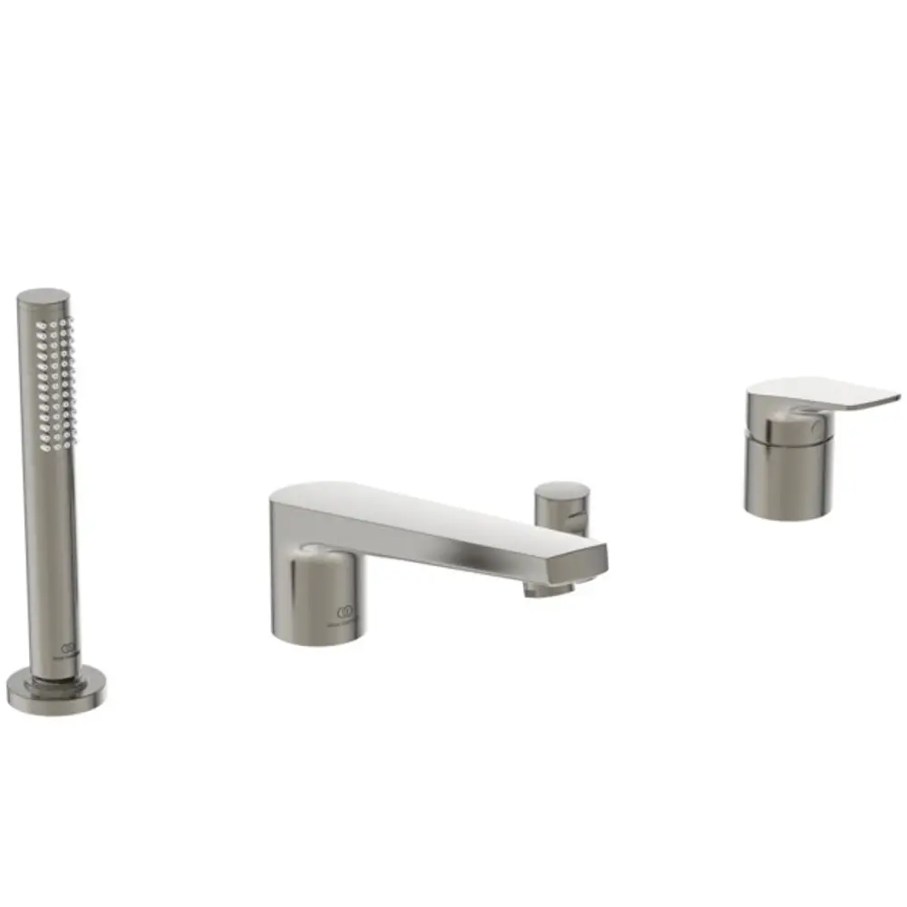 Ideal Standard Badearmatur mit Auslauf und Handbrause-Set in Metalloptik. Drei separate Komponenten für den Wannenrand. Schlichtes Design, funktional und modern.
